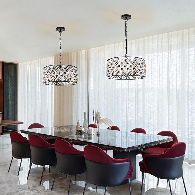 Black Crystal Chandelier, 18" Large Drum Ceiling Light, Modern 6-Light Crystal Pendant Lighting, Convertible Semi Flush Mount Hanging Fixture for Dining Room, Living Room, Bedroom, Kitchen, Hallway
