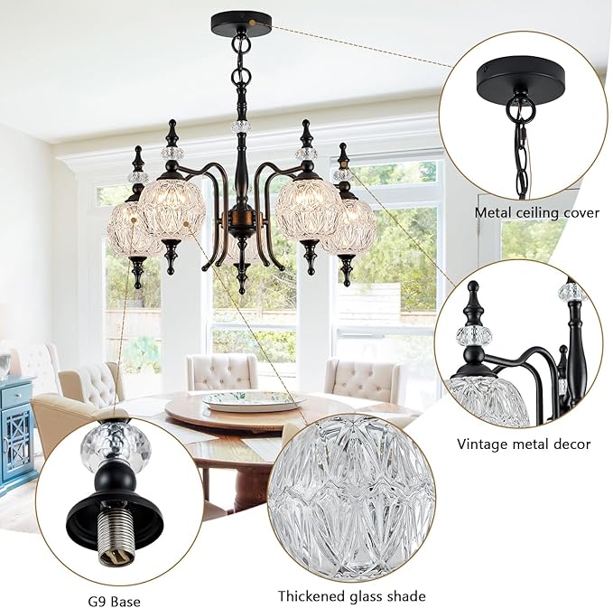 Chandeliers Modern 5-Light Chandelier Black Kitchen Island Pendant Light Fixtures Finish with Crystal Glass Shade for Kitchen Island Living Room