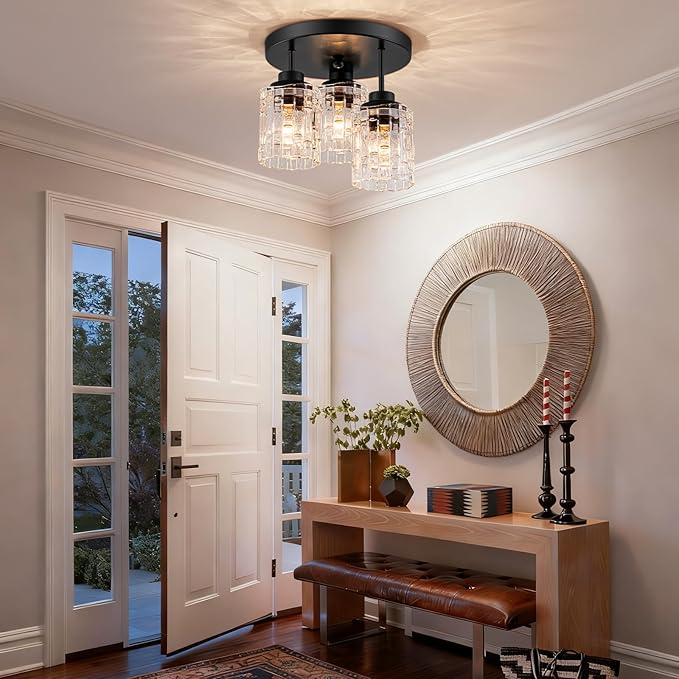 3-Lights Semi Flush Mount Ceiling Light Fixture,Matte Black Kitchen Ceiling Light with Glass Shades,Hallway Light Fixtures Ceiling Mount for Foyer Entryway Bathroom