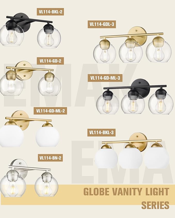 Emak 3-Light Vanity Lights for Bathroom, Black Light Fixtures Over Mirror, Globe Vanity Light with Clear Glass Shade, VL114-BKL-3