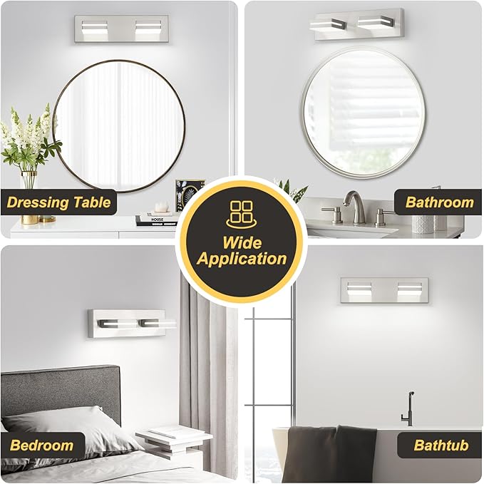 OKELI 2 Light Bathroom Vanity Light Brushed Nickel Modern 16W LED Dimmable Vanity Light Over Mirror 350° Adjustable Lamp Head Cold White 6000K ETL Listed 15.5Inch