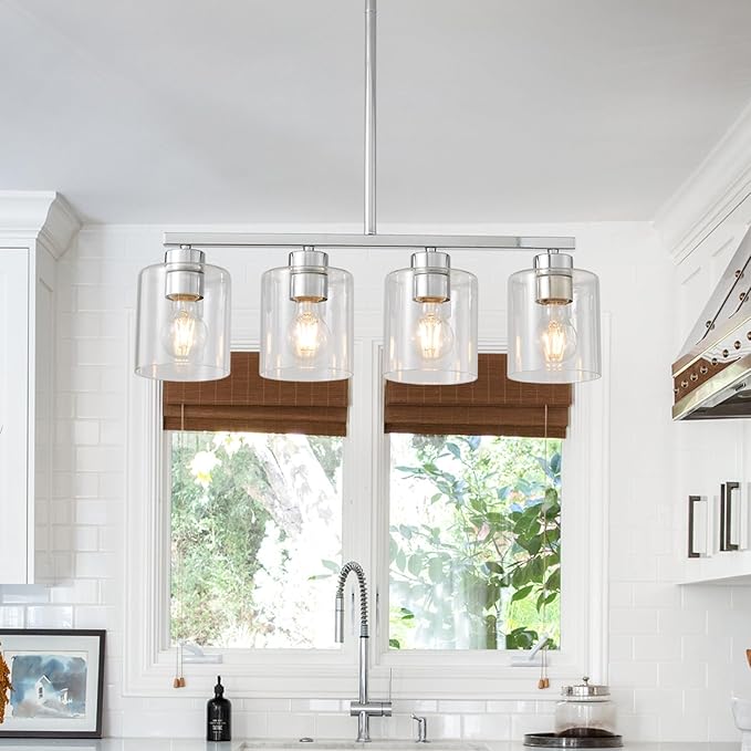 4-Light Kitchen Island Light Fixture, Silver Pendant Lights, Farmhouse Dining Room Light Fixtures Over Table, Modern Hanging Light Fixtures with Clear Glass, E26 Base, Bulbs Not Included