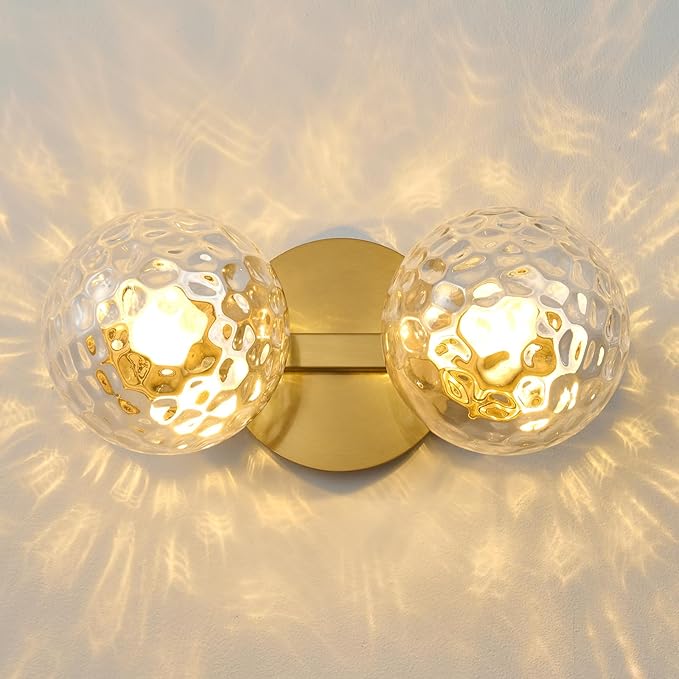 Gold Bathroom Vanity Light Fixtures: Modern Wall Scones With 2 Hammered Clear Glass Shades - Globe Makeup Lighting Fixture over Mirror - Brass Ball Powder Room Vanities Lights for Hallway Bedroom