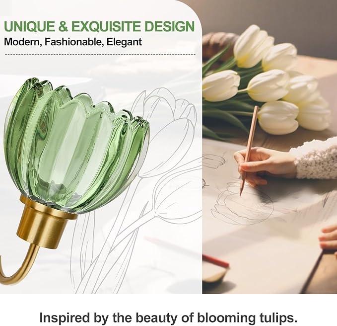 2-Light Bathroom Vanity Light, Brushed Gold Vanity Wall Light Over Mirror with Ribbed Green Tulip Glass Shade, Bathroom Light Fixtures for Bedroom, Living Room, Hallway