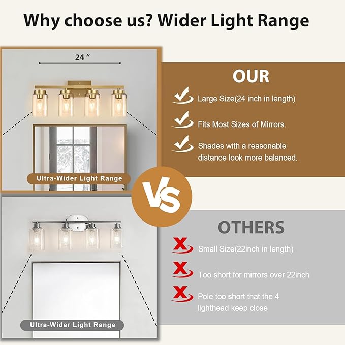 IZORRO Modern Bathroom Light Fixtures, 4 Light Brushed Gold Vanity Lights, Bathroom Lighting Fixtures Over Mirror with Clear Glass for Living Room Cabinet Bedroom