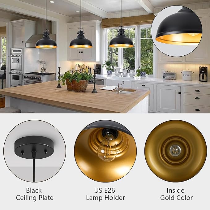 Refice 2 Pack Farmhouse Pendant Lights Black Pendant Lighting for Kitchen Island Adjustable Height Dome Hanging Lights for Barn, Dining Room