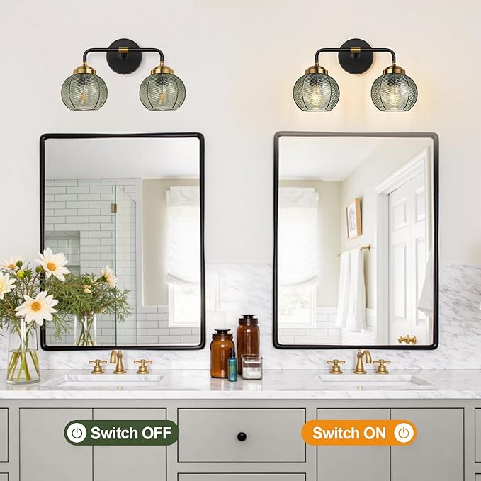 MOKATNG Bathroom Light Fixtures, 2-Light Green Vanity Lights with Unique Leaf Texture Glass Shade, Modern Matte Black and Gold Bathroom Wall Lamp for Mirror Hallway Cabinet Living Room