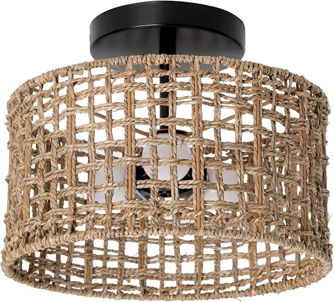 Bohemian Rattan Semi-Flush Ceiling Light, 12-inch 3-Light Handwoven Pendant with Natural Fiber Shade, Vintage Farmhouse E26 Fixture for Bedroom Kitchen Entryway (Retro Design, LED Bulb Compatible)