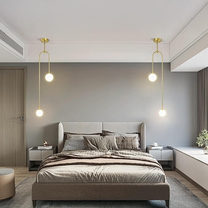 Modern Milk Glass Pendant Light 2 Light Mid Century Chandelier Small Glass Globe Gold Pendant Lights for Kitchen Island Bedroom Dining (Metal Tube Removable, 2 Pack)