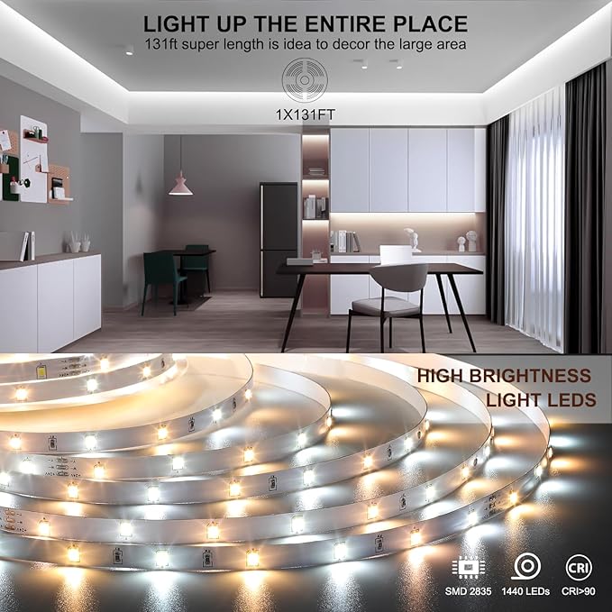 Wefomey White LED Strip Lights, Dimmable Bright 24V Flexible Tape Light with Remote and App Control, UL-Listed Power Supply, 2700K-6500K White Lights for Bedroom (1 Rolls of 131ft)