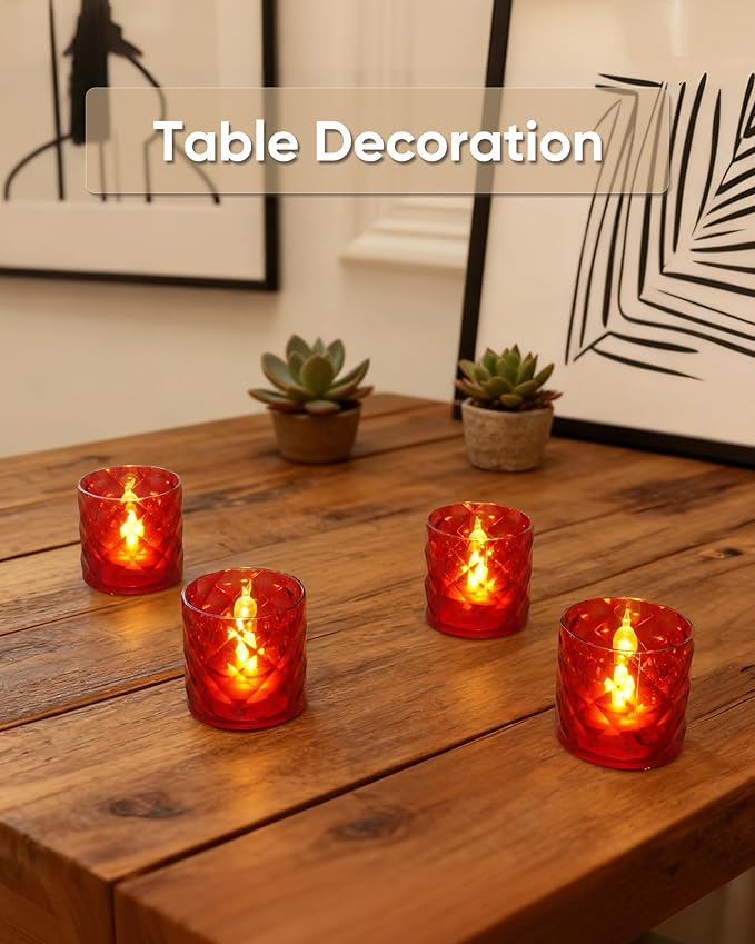 Homemory 2" x 2" Acrylic Votive Candle Holders with Auto Timer Flameless Led Tealight, Battery Powered Fake Electric Candles for Wedding Centerpiece, Table, Christmas Decor (12Pack, Red Base)