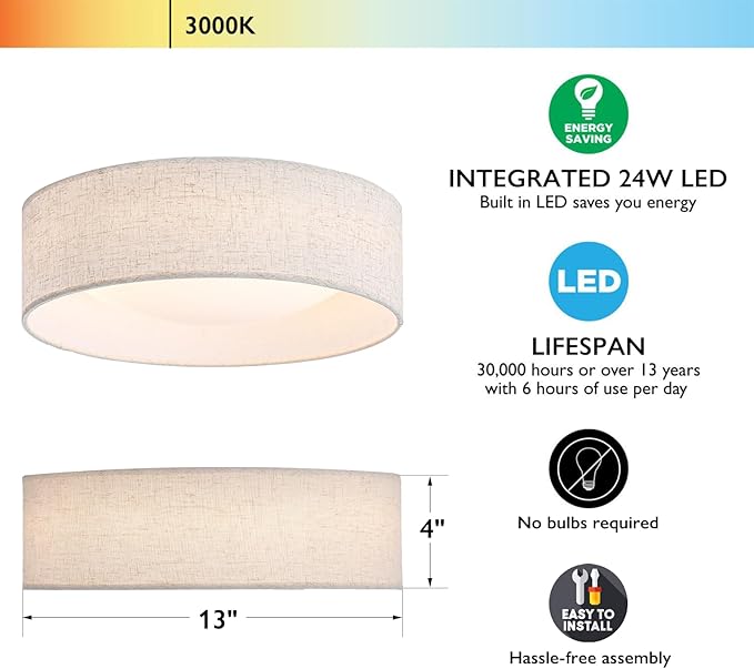 CALOKES 13" Fabric Flush Mount Ceiling Light, 24W 3000K LED Closed to Ceiling Light Fixture with Classic Linen Drum Design for Bedrooms, Kitchen, Dining Room, Hallway