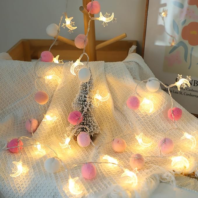 ChiRee Indoor String Lights 6.56 Feet Pom Poms Moon Lights 20 LED Battery Operated String Fairy Lights Warm White Globe Lights Colorful Decor Lights for Home Bedroom Kids Playhouse Holiday Christmas