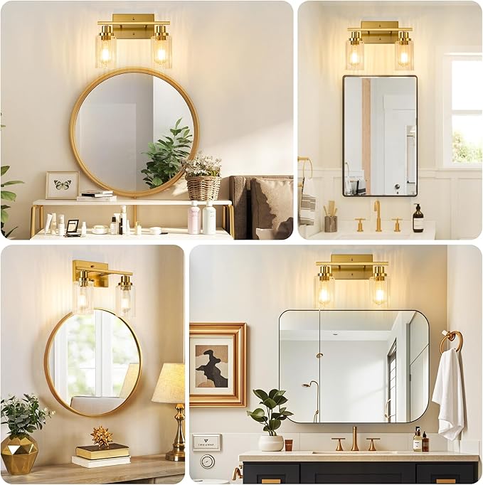 Jonsi Gold Bathroom Light Fixtures, 2 Light Brushed Gold Vanity Lights With Fluted Glass Shade, Modern Lights Over Mirror, Vanity Lighting Fixtures