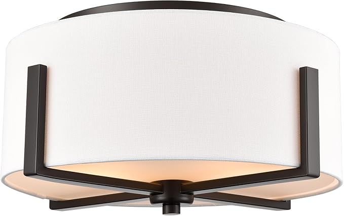 Flush Mount Ceiling Light Fixture with Linen Shade Oil Rubbed Bronze 2- Light Drum Ceiling Light Modern Light Fixture for Bedroom Living Room Kitchen