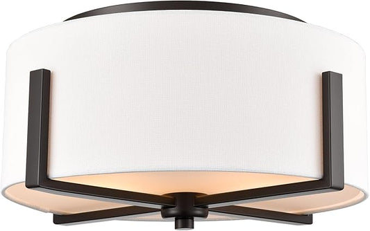 Flush Mount Ceiling Light Fixture with Linen Shade Oil Rubbed Bronze 2- Light Drum Ceiling Light Modern Light Fixture for Bedroom Living Room Kitchen