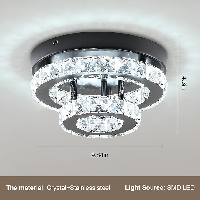 9.8 inch Modern Crystal Chandelier Flush Mount Ceiling Light, Black Mini Chandelier with LED Lighting for Bedroom Hallway Entryway Dining Room, 6000K Daylight Small Semi Flush Mount Fixture