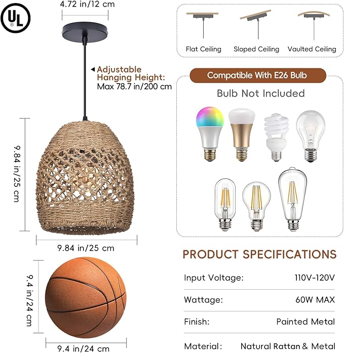 9.8" Boho Rattan Chandelier Light Fixture, 1-Light Hand Woven Wicker Small Pendant Lights Kitchen Island Farmhouse Rustic Hanging Lamp for Dining Room, Bedroom, Living Room, Entryway, Foyer