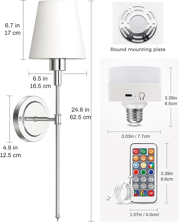 DORESshop Battery Operated Wall Sconce Set of 2, Wireless Wall Light Easy to Install, 7 Color Rechargeable Wall Sconces, Sconce Wall Decor Set of 2 for Bedroom, Living Room, Chrome, 24.6in
