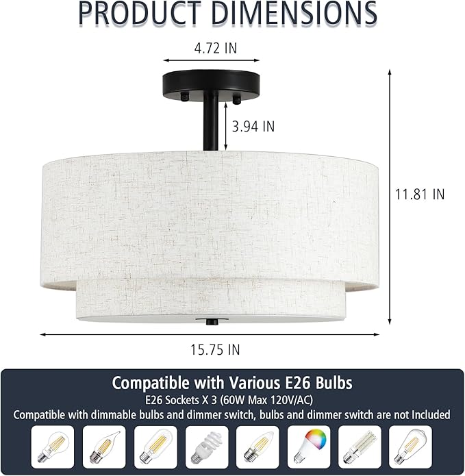 16" Semi Flush Mount Ceiling Light Fixture, 3-Light Gold Flush Mount Ceiling Light with Double Drum Linen Shades for Entryway Dining Room Bedroom Kitchen Hallway Living Room, E26 Socket