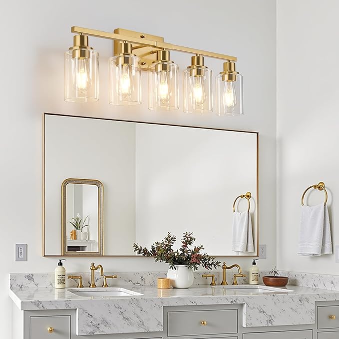 MOKATNG 5-Light Bathroom Light Fixtures, Vanity Light with Clear Glass Shades, Brushed Gold Bathroom Light Fixtures Over Mirror, Modern Bathroom Wall Lamp for Mirror Living Room Cabinet Bedroom