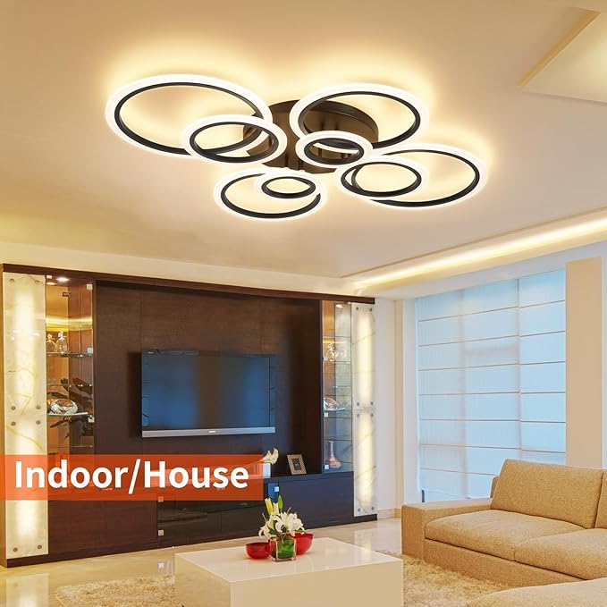 Shine LUEST Modern Ceiling Light, 41.3'' Dimmable LED Black Flush Mount Ceiling Lights with Remote Acrylic Round Ceiling Lamp Fixture for Low Ceiling Bedroom Living Room Dining Room, 108W