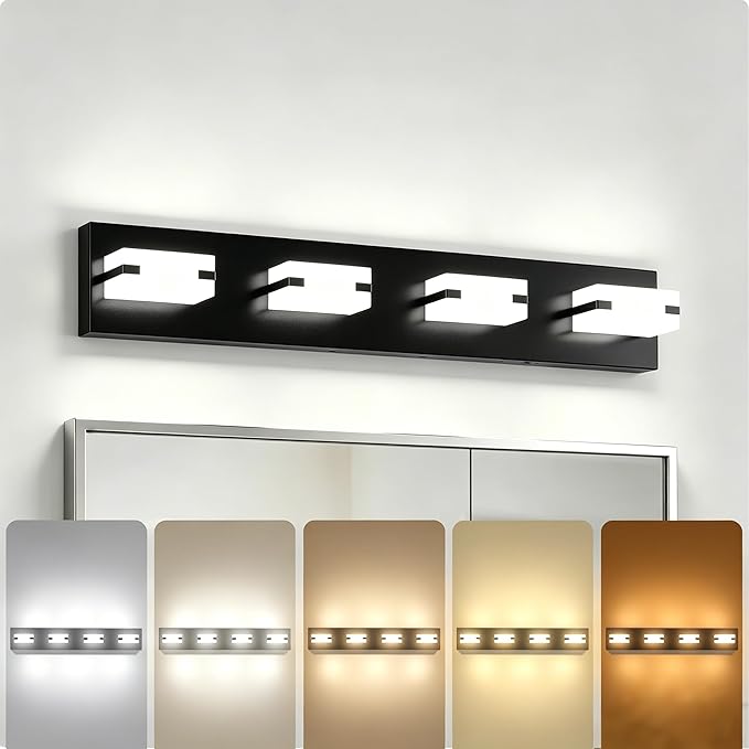 LED Bathroom Light Fixtures, 4-Light Modern Vanity Lights with Milky White Frosted Acrylic Shades, Matte Black Bathroom Lighting Fixtures Over Mirror, ETL Listed, 27W 5CCT Adjustable