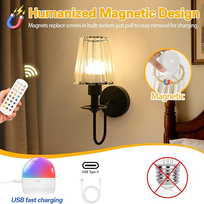 Battery Operated Wall Sconces Set of 2 – 5200mAh Rechargeable Crystal Glass, 15 Colors & 10-Level Dimmable, Wireless Wall Lights for Living Room & Bedroom,Black