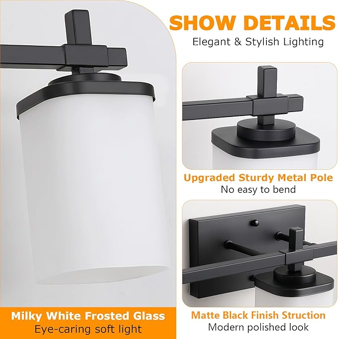 3-Lights Black Vanity Lights for Bathroom with White Square Frosted Glass Shades, Modern Eye-Friendly Bathroom Light Fixtures Over Mirror, Bath Wall Lighting for Bedroom Living Room Cabinet