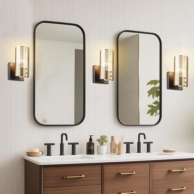 Hamilyeah Industrial Wall Sconces Set of Two, Vintage Brass Gold Sconces Wall Lighting Fixture with Grid Mesh Shade, Indoor Hardwired Wall Sconces for Bedroom Home Theater Bathroom