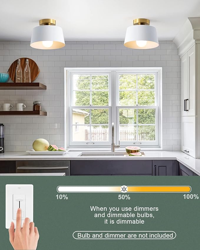 Modern Semi Flush Mount Ceiling Light with Gold Plate and Matte White Shade, Farmhouse Ceiling Light Fixture for Kitchen Island Dining Room Foyer Hallway Porch Barn Loft，10in (White 3 Pack)