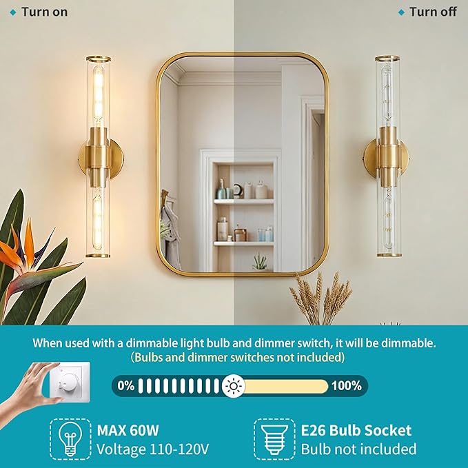 Gold Wall Sconce 2 Pack Hardwired, Bathroom Light Fixtures Clear Glass Featuring Two E26 sockets, Vanity Lights Fixtures for Bathroom, Dimmable - Bulb Not Included, UL Certification