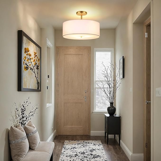 FRIDEKO HOME 3-Light Semi Flush Mount Ceiling Light Fixture, 15.74" Gold Drum Light, Modern Close to Ceiling Light with White Fabric Shade Lamps for Bedroom Living Room Kitchen Hallway Entryway Foyer