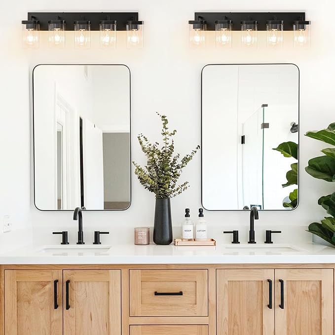 5-Light Bathroom Lighting Fixtures over Mirror, Matte Black Vanity Lights with Square Transparent Glass Shade, Modern Bathroom Vanity Light for Mirror Kitchen, Living Room, Gallery, Hallway