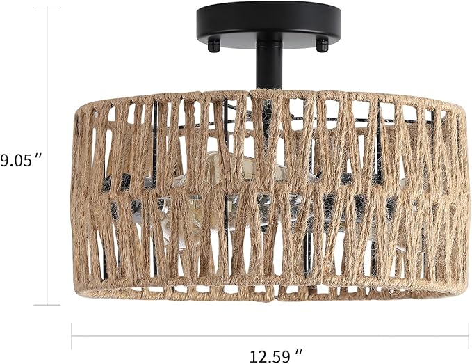 3-Light Coastal Woven Flush Mount Light Fixture Boho Rustic Hemp Rope Drum Semi Flush Mount Ceiling Light for Hallway Bedroom Kitchen Entryway Farmhouse Living Room, Black