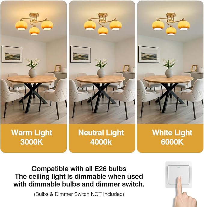 Semi Flush Mount Ceiling Light Fixture Modern Gold Globe Sputnik Chandeliers 3 Light Mid Century Orange Vintage Glass Chandelier for Dining Room Kitchen Bedroom Living Room Foyer Hallway