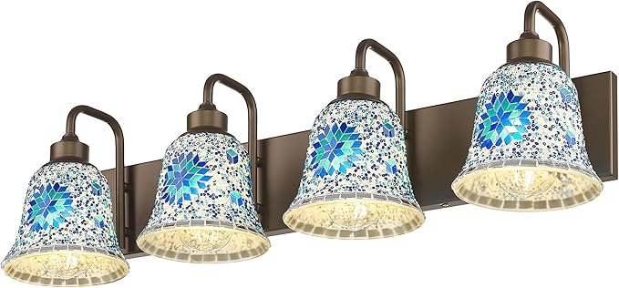 zeyu 4-Light Bathroom Wall Light, 30 Inch Bronze Vanity Lights, Bathroom Lights Over Mirror in Oil Rubbed Bronze Finish with Blue Mosaic Glass, ZSL72B-4W ORB-BL