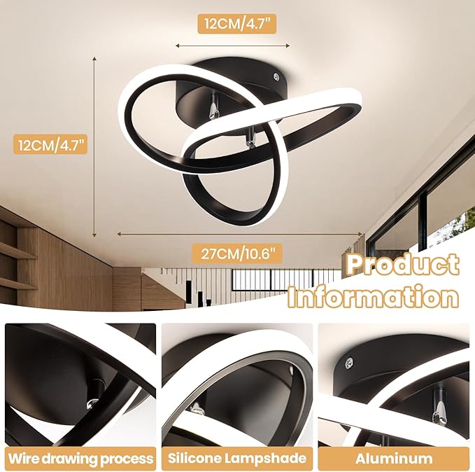 Modern Led Ceiling Light Fixtures,4500K Daylight White Black Semi Flush Mount Hallway Ceiling Light for Bedroom Bathroom Kitchen Balcony Laundry Room Stair Ceiling Lamp Curved Design (Black, 4500K)
