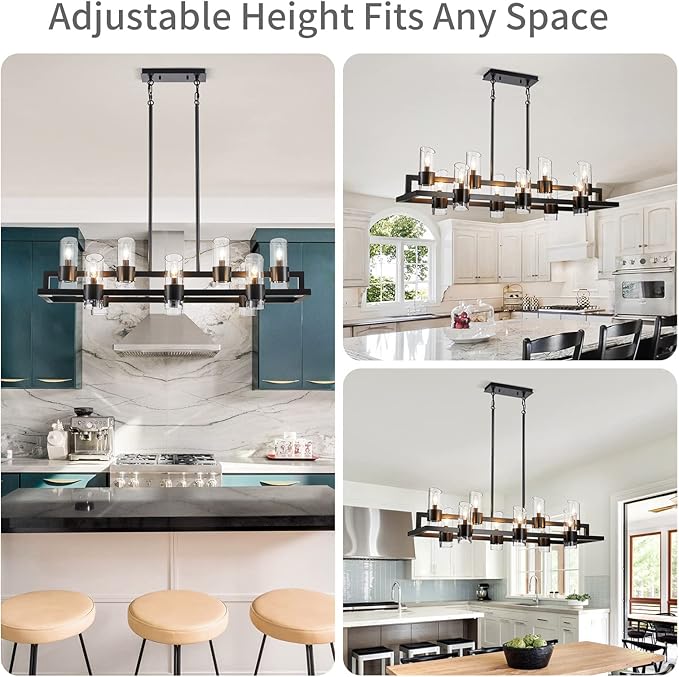 WUZUPS Island Rectangle Chandelier 10-Light with Clear Glass Industrial Modern Farmhouse Linear Light Fixture for Dining Room Kithen Island, Width 42.5" Height 10.4", Black