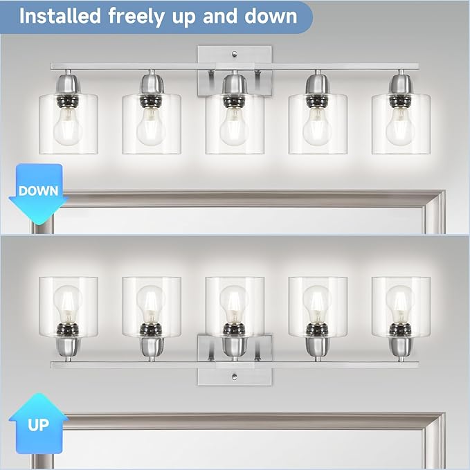 Modern Brushed Nickel 5 Light Bathroom Vanity Light, 31 inch Bathroom Lights Fixtures, Vanity Lights for Mirror Kitchen Living Room Hallway Cabinet Porch