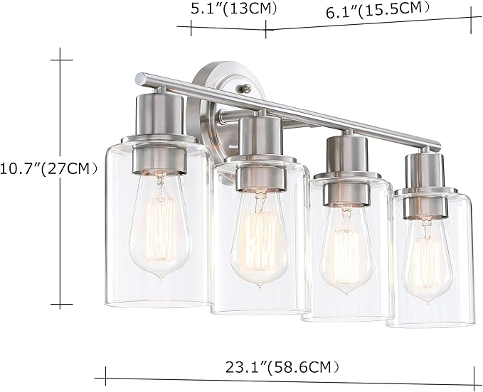 Brushed Nickel 4-Light Bathroom Light Fixture Over Mirror Sink, 4-Light Bathroom Vanity Lights Brushed Nickel Vanity Wall Sconce for Mirror
