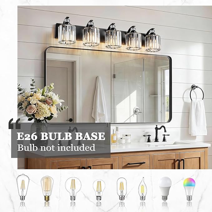 5-Light Black Bathroom Light Fixture Modern Vanity Lights Over Mirror Vintage Wall Sconce Lighting for Bathroom, Bedroom, Living Room, Hallway E26 Base with Crystal Bathroom Vanity Light