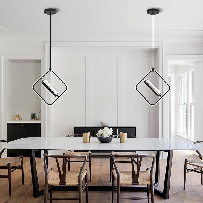 Modern Pendant Lights, LED Pendant Light Fixtures for Kitchen Island, 3000K LED Pendant Lighting for Bedroom, Bathroom, Living Room, Adjustable Height Square Chandelier, 2 Pack
