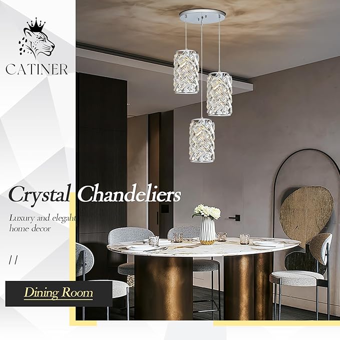 CATINER 3-Light Modern Crystal Pendant Light, Chrome Mini Chandelier – Adjustable Cluster Pendant Lighting Fixture for Kitchen Island, Dining Room, Bedroom, Hallway, Porch