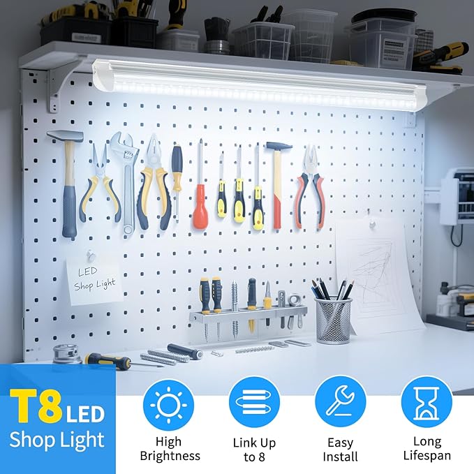 CNSUNWAY LED Shop Light 2FT, 24W 3600LM 6500K Super Bright, T8 Integrated LED Light Fixture, D-Shape, Linkable Utility Shop Lights for Cabinet, Garage, Workbench, Basement, 2 Pack