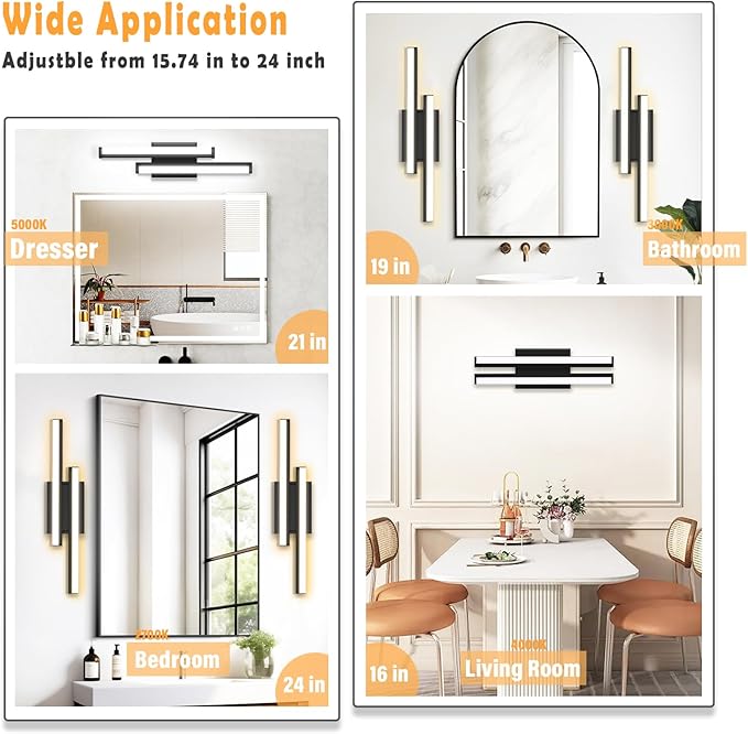 ETL Listed 24 inch Retractable Bathroom Vanity Light- 5CCT Optional Bathroom Light 2700K/3000K/3500K/4000K/5000K/ Bar Vanity Light for Bathroom Mirror Bedroom-25W 1 Pack