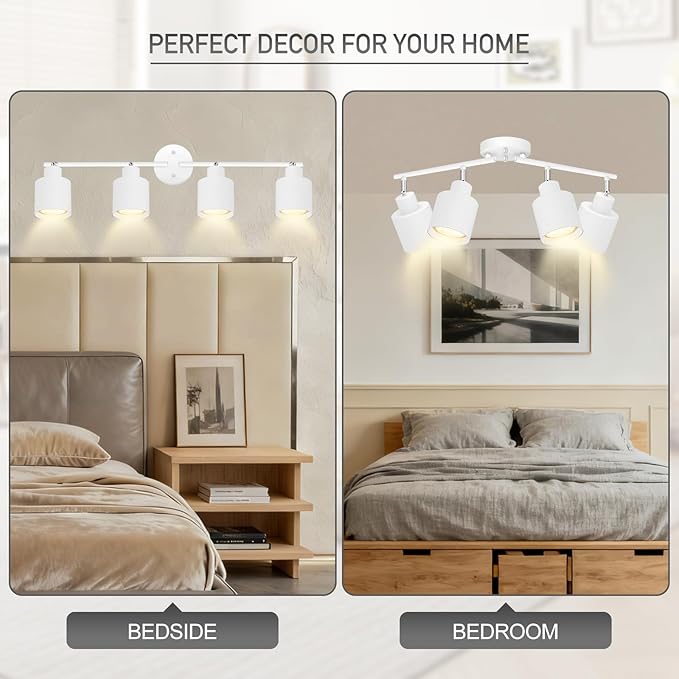 4-Light Led Track Lighting,White Ceiling Lighting Fixtures,Wall Sconces Ceiling Spotlight with Foldable Light Arms for Kitchen, Closet, Bedroom,GU10 Socket, Bulbs Not Included