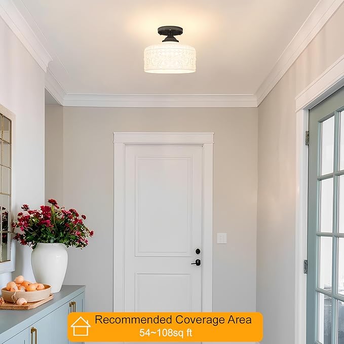 Artistic Black Handcrafted Semi Flush Mount Ceiling Light - 9.45 Inch Vintage White Glass Shade with Etched Patterns, Easy Install, Small Ceiling Light Fixture for Hallway, Kitchen, Bedroom