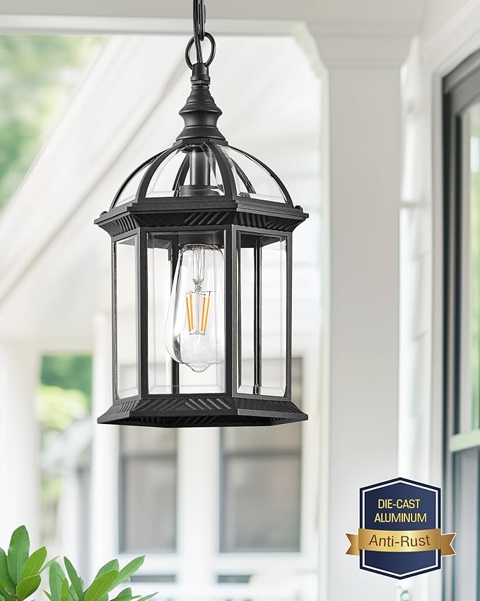 VIANIS 13.8" Large Outdoor Pendant Light Fixture, Black Hanging Porch Lights with Tempered Glass, Anti-Rust, Waterproof Outside Ceiling Light, Adjustable Chandelier Hanging Lantern for Entryway Yard