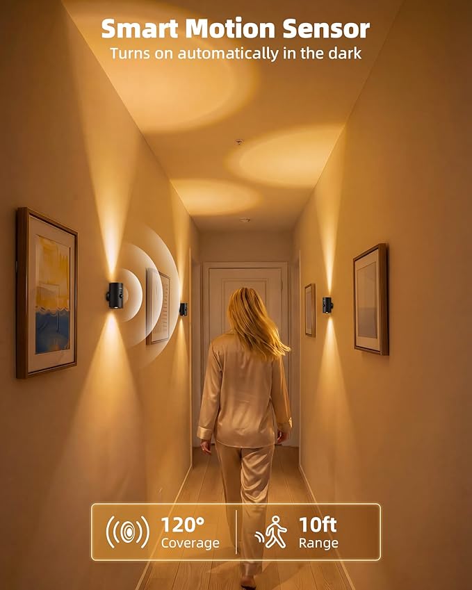 EZVALO Motion Sensor Wall Light, 4000mAh Rechargeable Wall Sconce with Remote, 12 RGB & 3 Color Temps, Up & Down Ambient Lighting for Bedroom, Hallway, Corner Decor (2 Pack, Black)